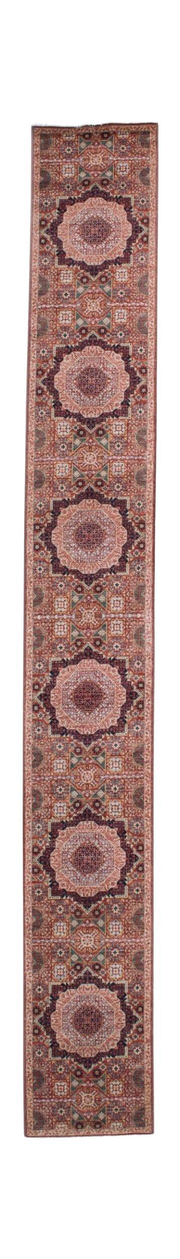 A handmade Afghan Chobi runner rug featuring a repeating Mamluk medallion pattern in warm tones.