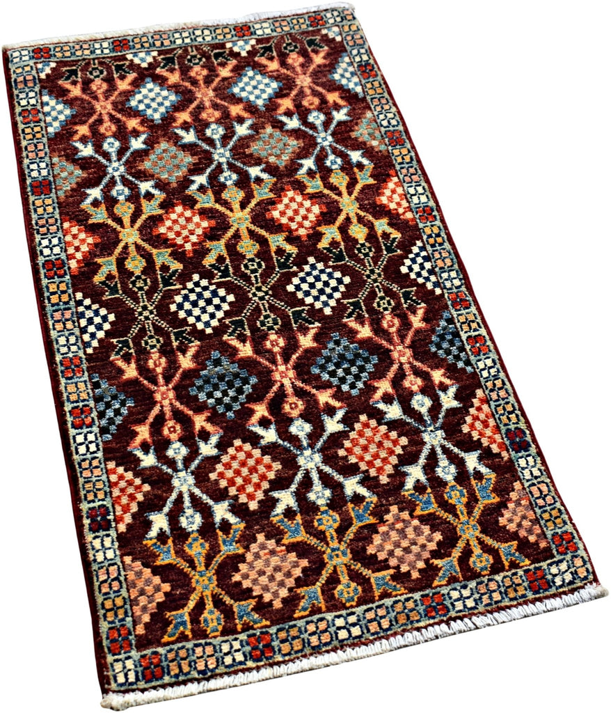 Handmade Mini Afghan Chobi Rug | 103 x 54 cm | 3'5" x 1'9" - Najaf Rugs & Textile