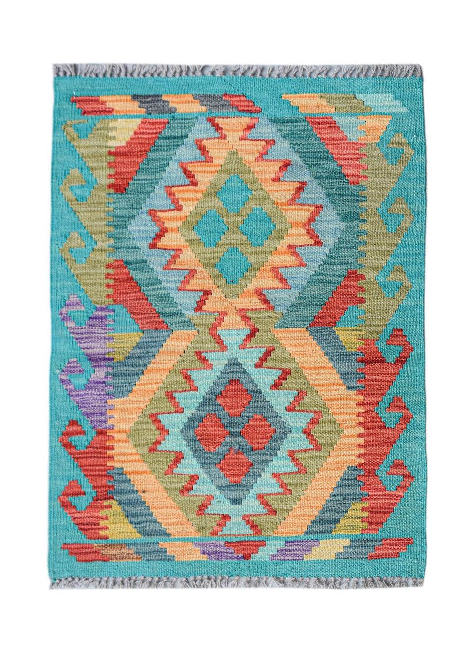 A rectangular handmade Afghan Maimana kilim featuring a vibrant geometric pattern in wool.