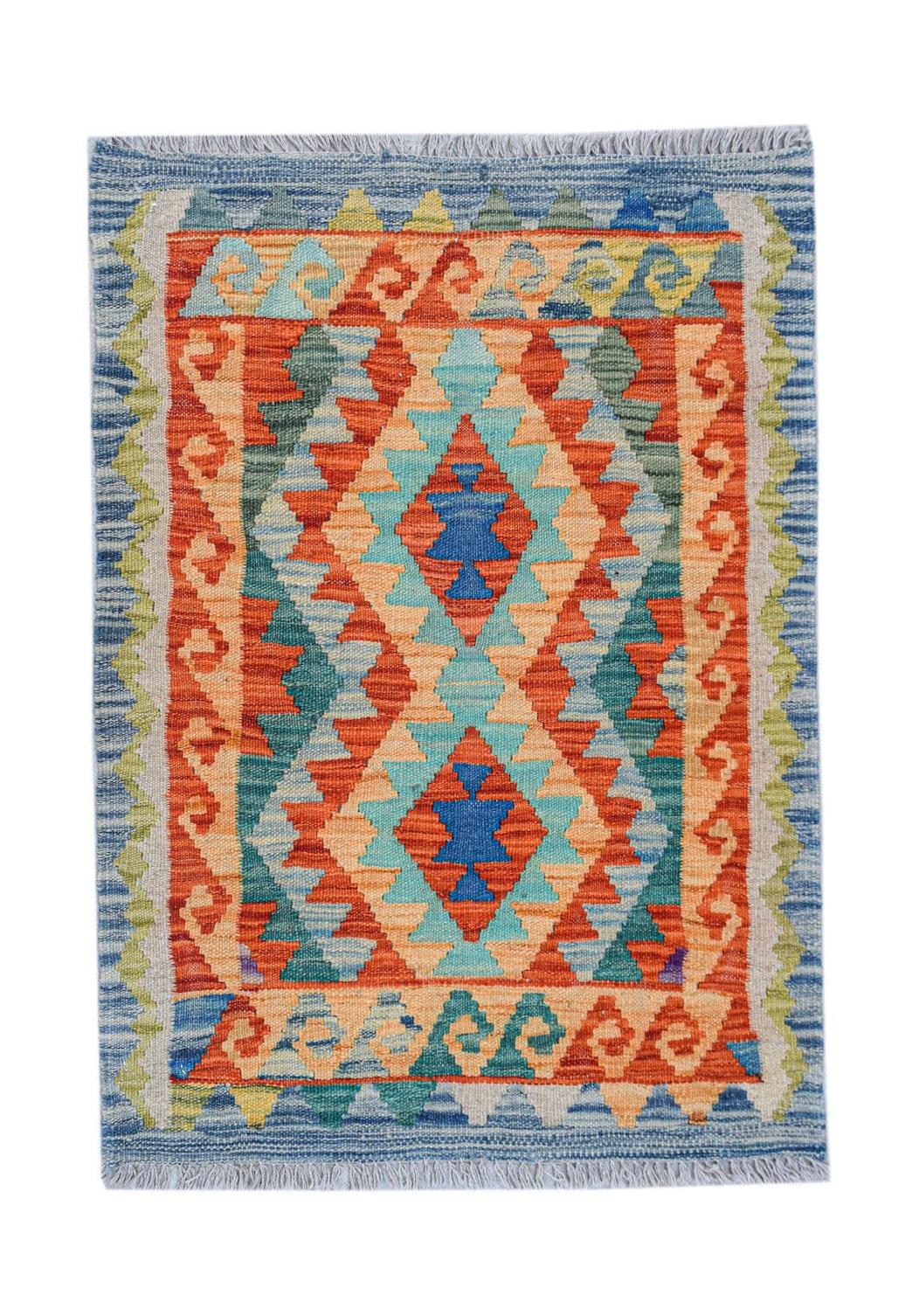 Mini Afghan Maimana Kilim with geometric patterns in orange, blue, and green.
