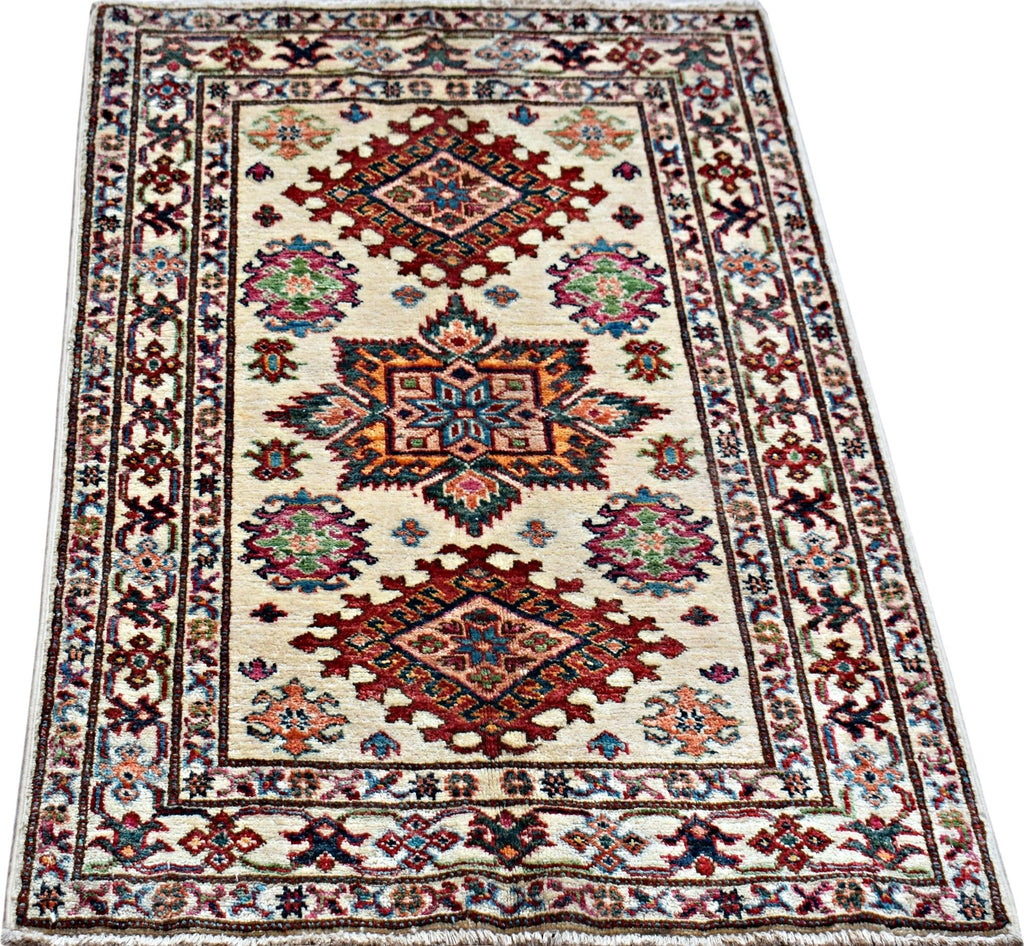 Handmade Mini Afghan Super Kazakh Rug | 109 x 86 cm | 3'7" x 2'10" - Najaf Rugs & Textile