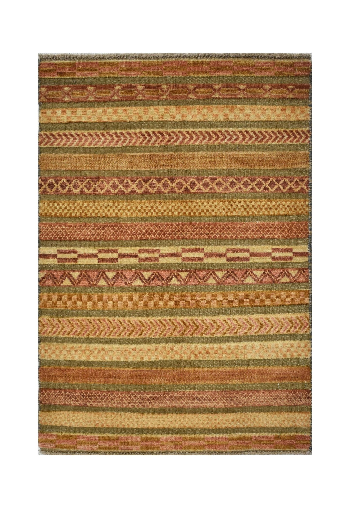 A handmade Afghan wool rug featuring horizontal bands of geometric patterns in earthy tones.