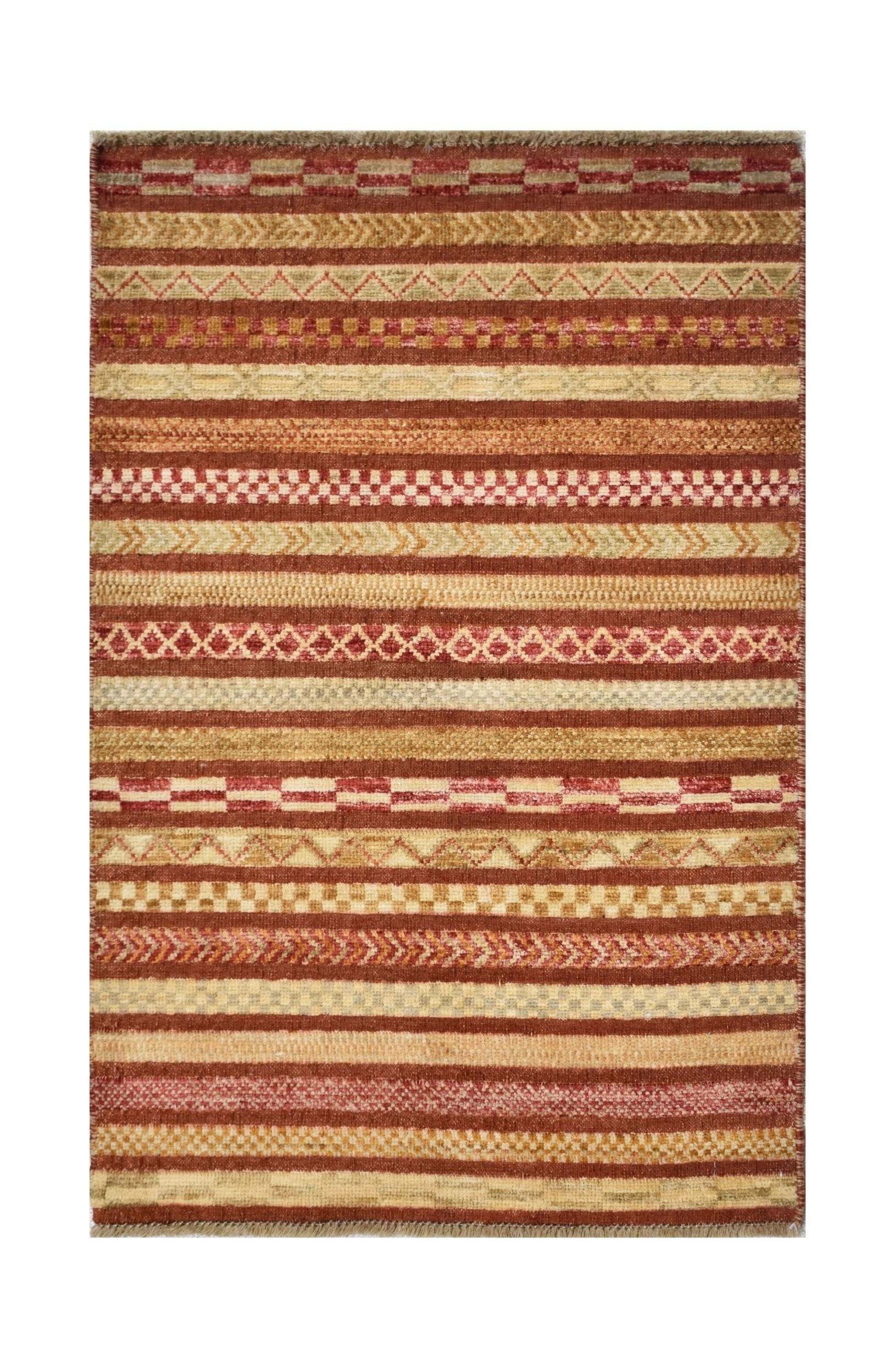 A handmade Afghan wool rug featuring horizontal stripes in shades of red, gold, and cream.
