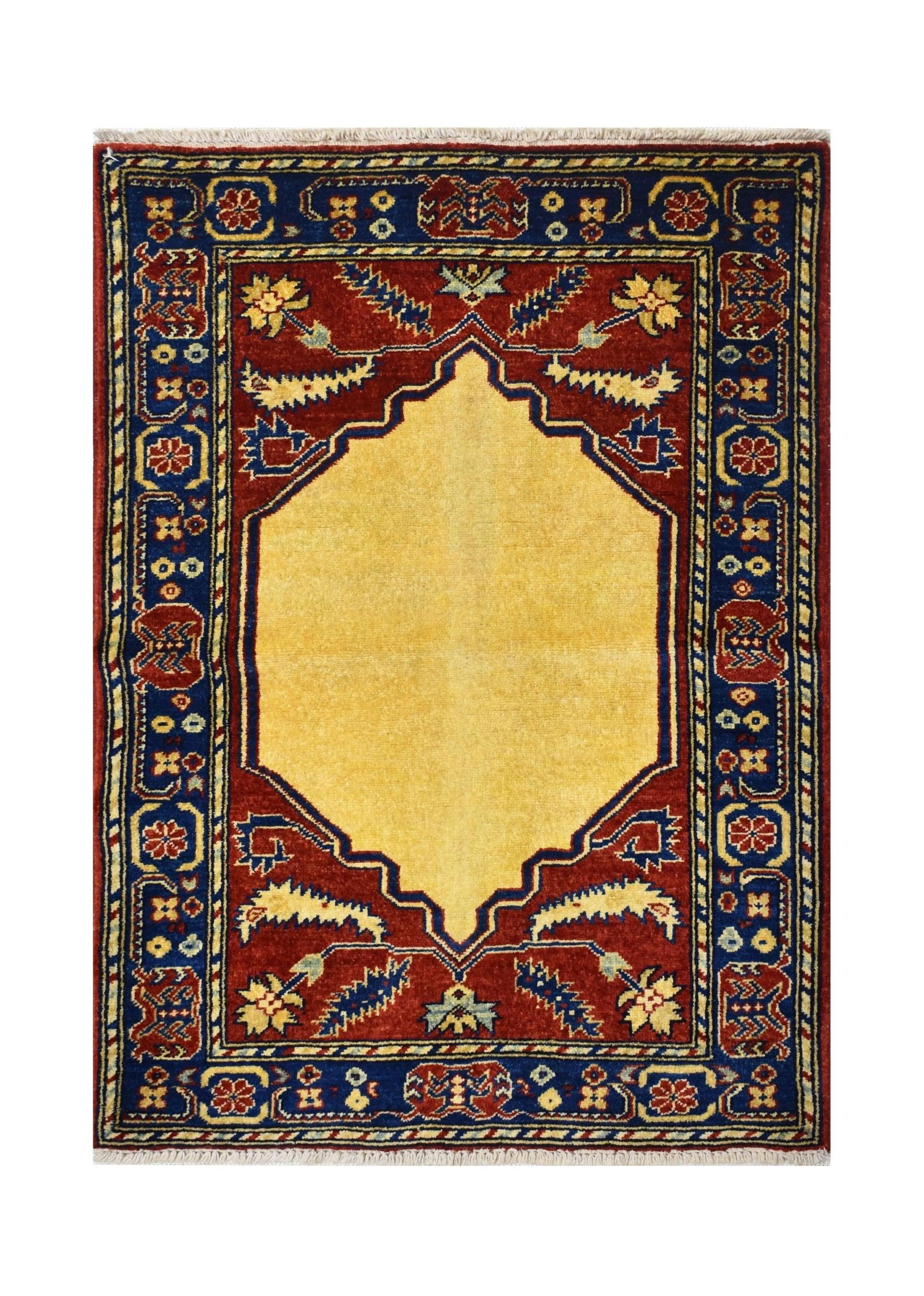 A handmade Afghan Chobi rug featuring a central yellow medallion on a red field with blue borders.
