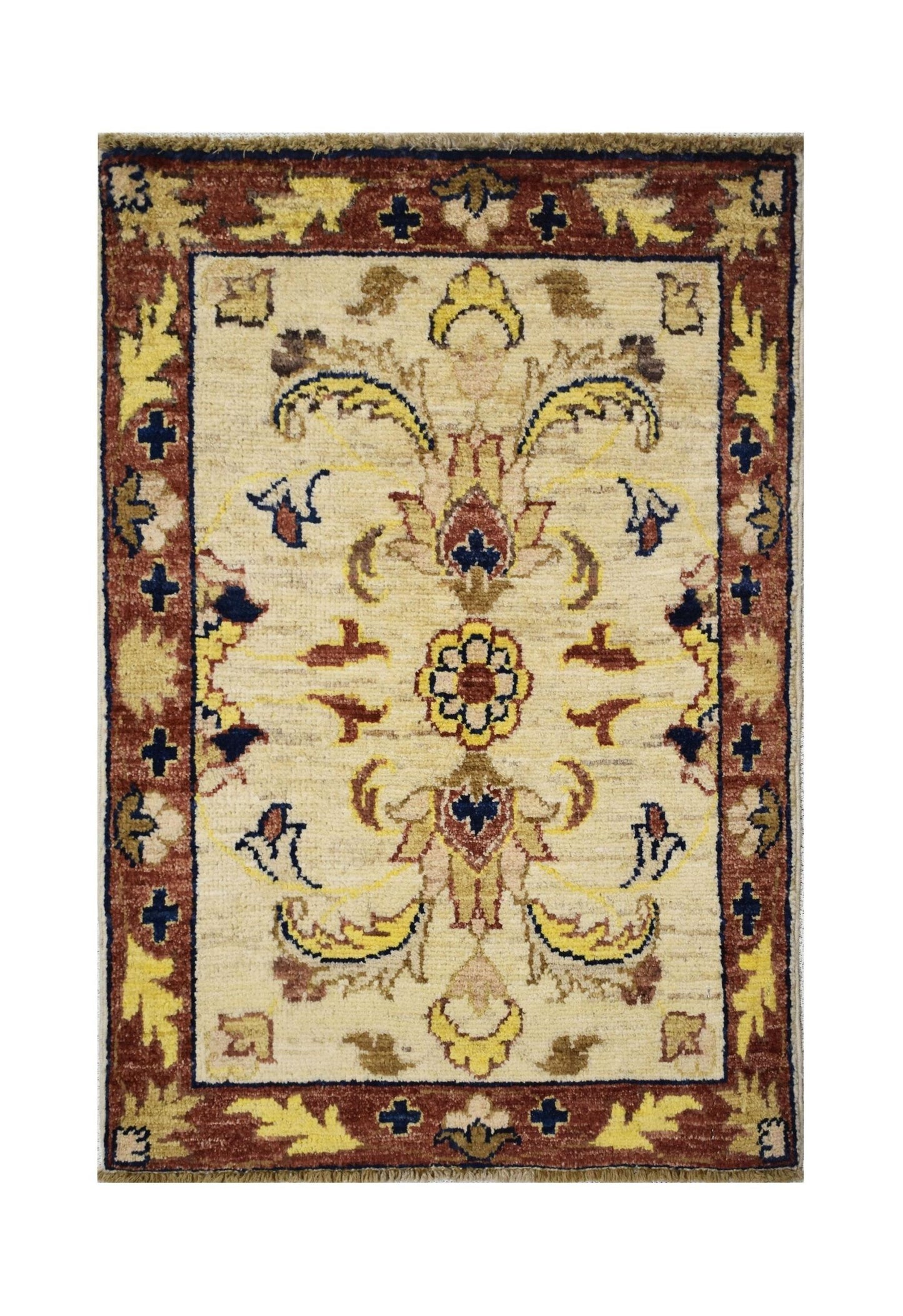 A handmade Afghan Chobi rug featuring a traditional floral pattern in cream, red, and yellow.