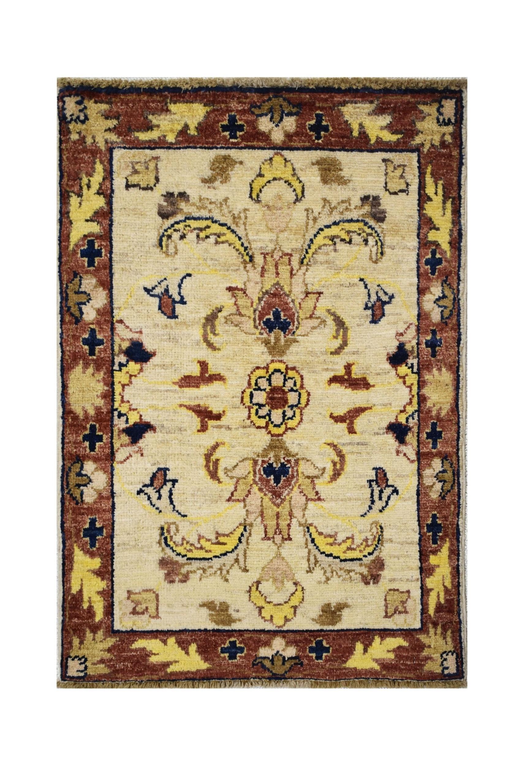 A handmade Afghan Chobi rug featuring a traditional floral pattern in cream, red, and yellow.