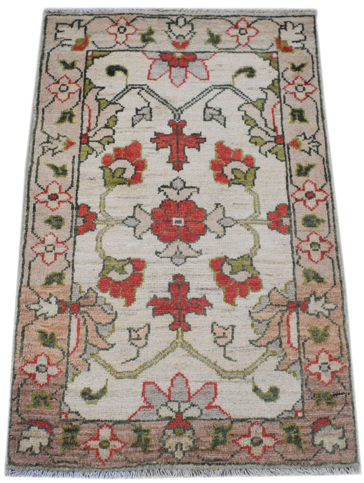 A handmade wool Afghan Chobi rug featuring a floral pattern in red, green, and beige tones.