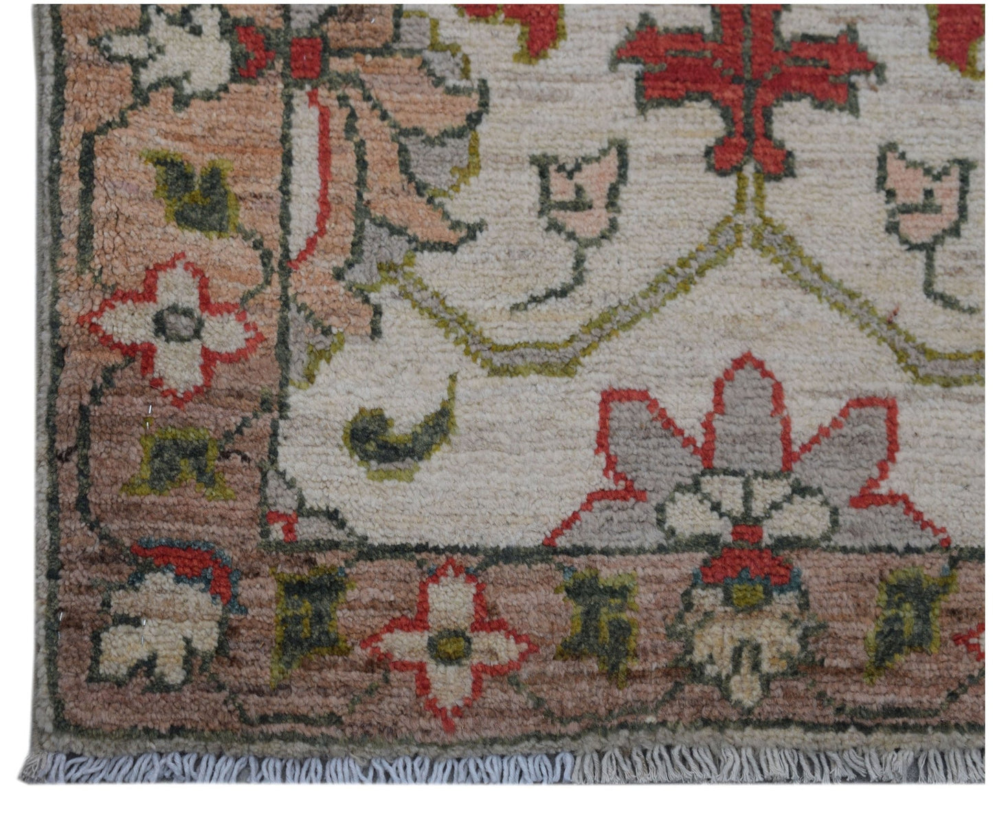 A handmade Afghan Chobi rug featuring a floral pattern in red, grey, and green on a cream field.