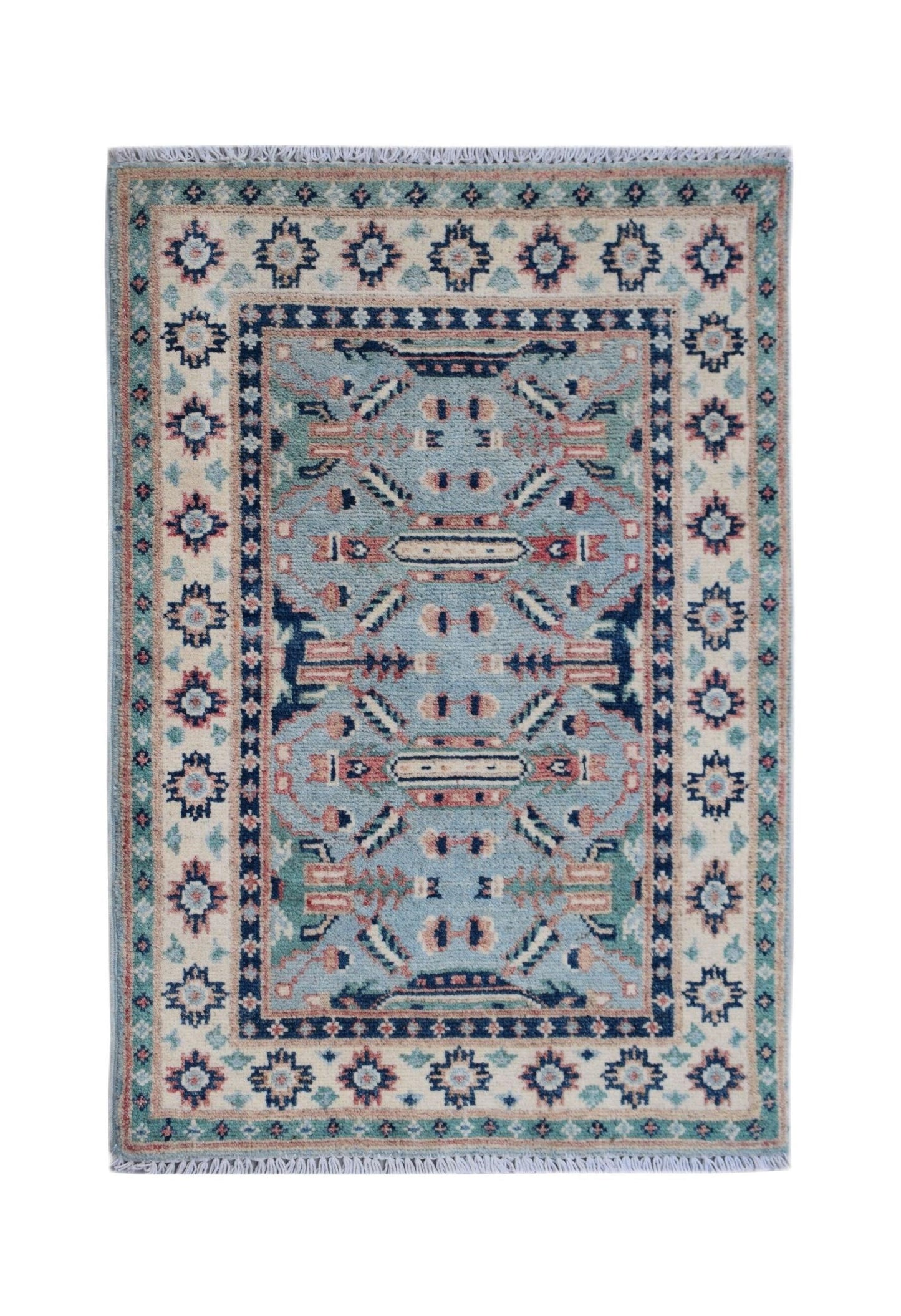 A handmade wool Afghan Kazakh rug featuring a blue field with geometric patterns and a cream border.