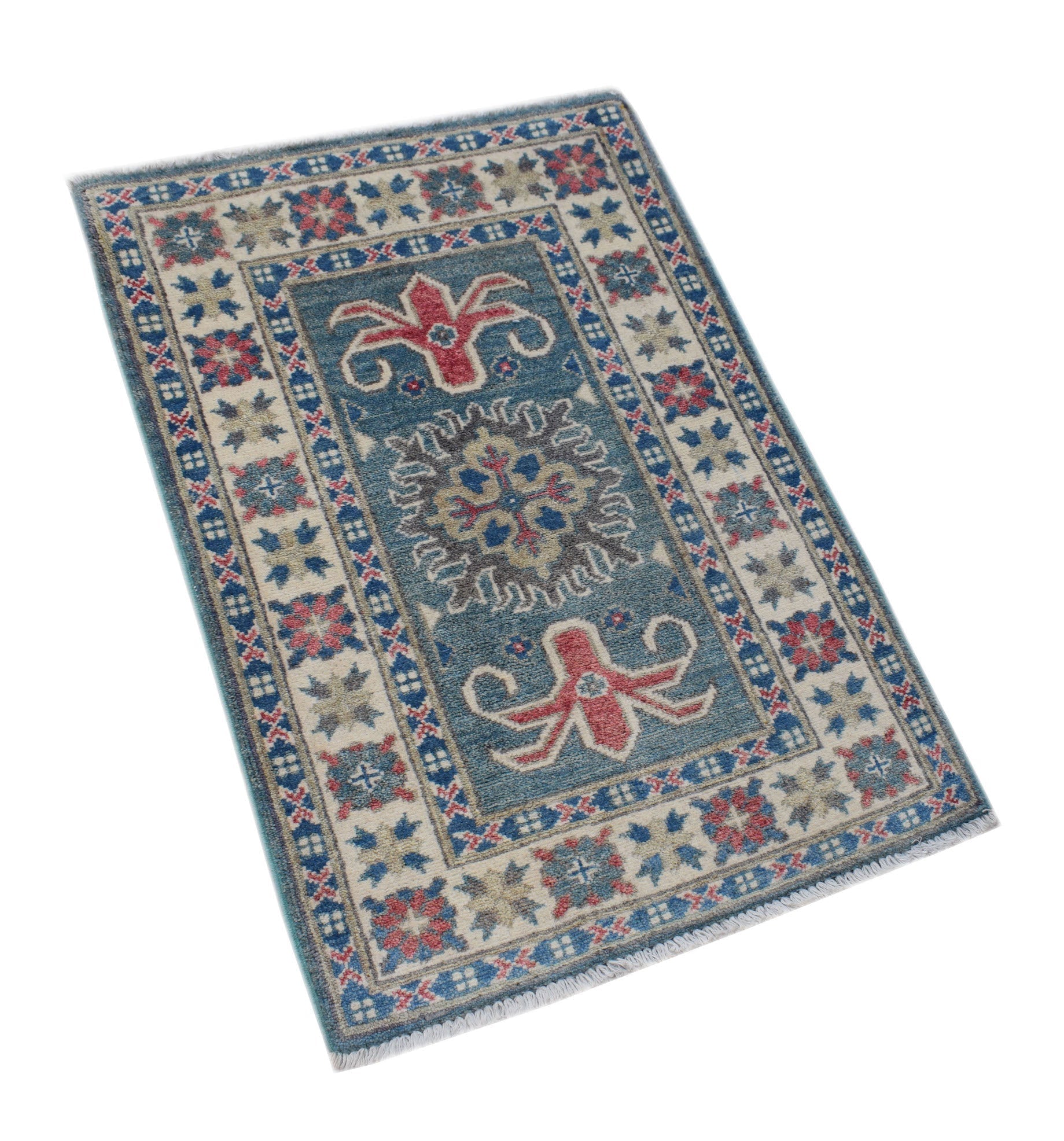 A handmade Afghan Kazakh rug featuring a blue field with red floral motifs and a geometric border.