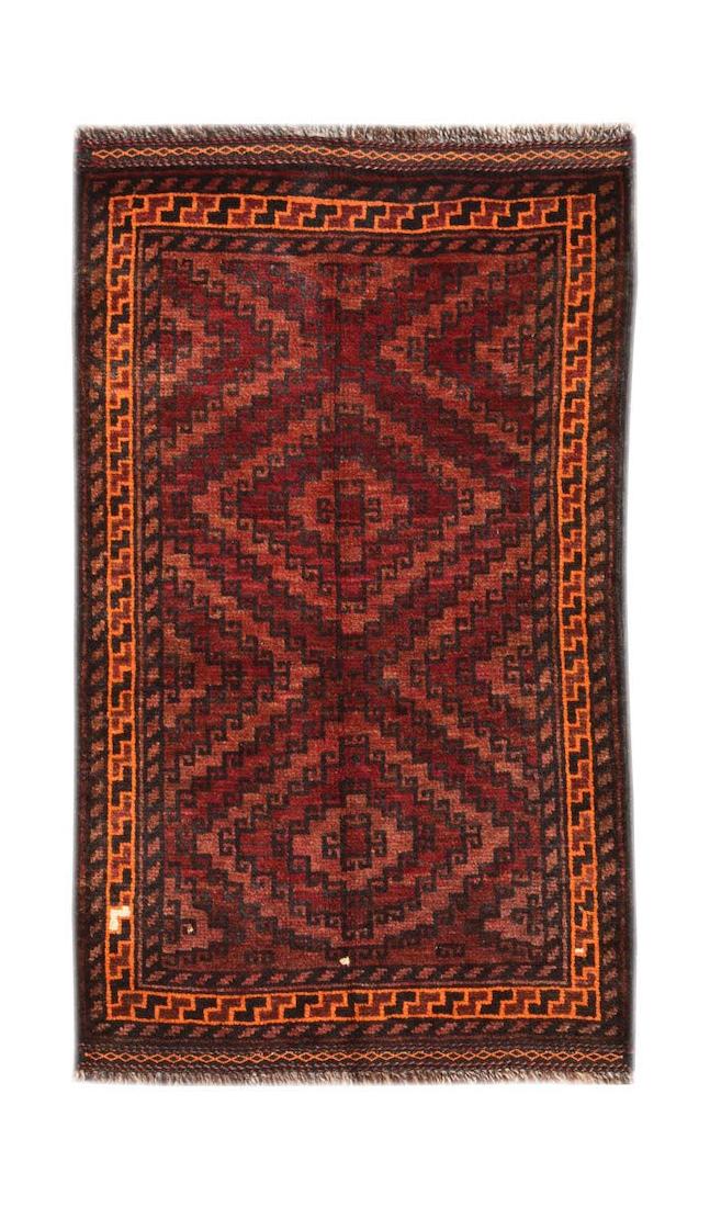 Vintage Afghan Baluch rug with geometric patterns in red and orange.