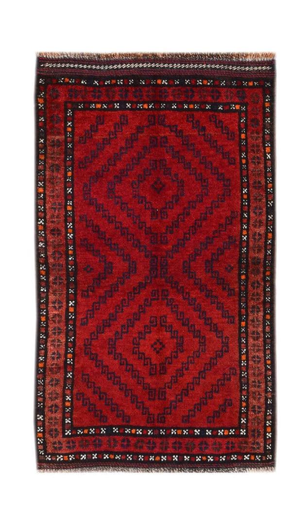 A vintage handmade Afghan Baluch rug featuring a deep red field with geometric diamond patterns.