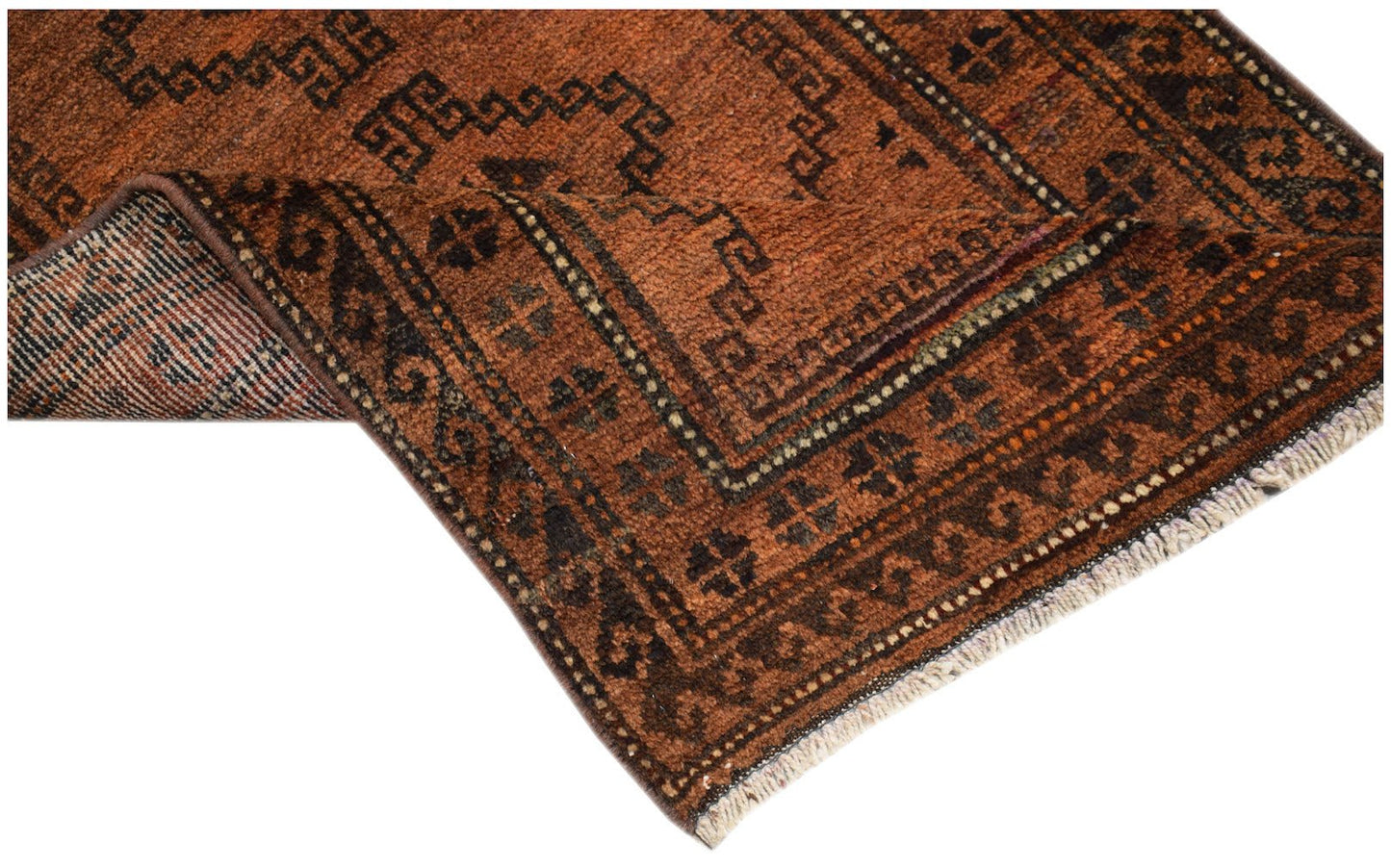 A handmade vintage Afghan Baluch rug featuring geometric patterns in shades of brown and black.