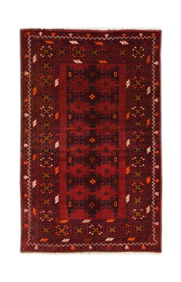 A handmade vintage Afghan Baluch rug featuring dark red tones and traditional geometric patterns.