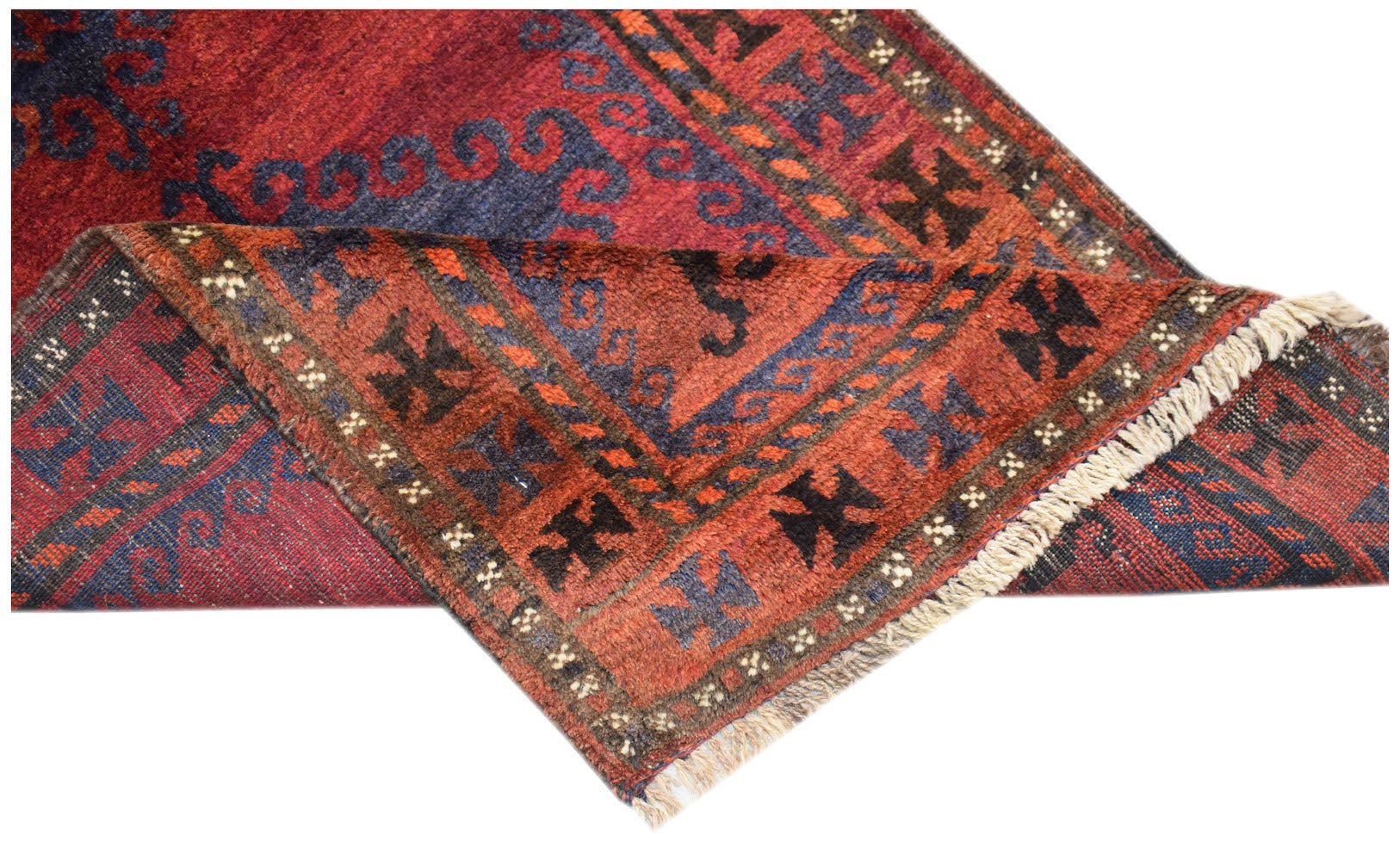 A vintage handmade Afghan Baluch rug featuring traditional geometric patterns in red and blue.
