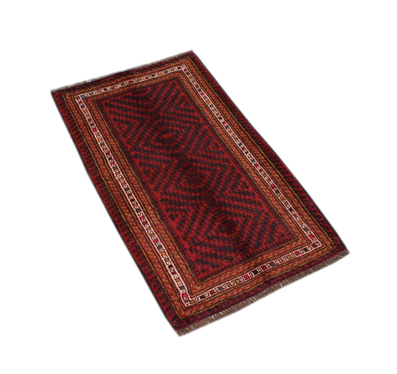 A handmade vintage Afghan Baluch rug featuring a dark red geometric pattern and fringed edges.