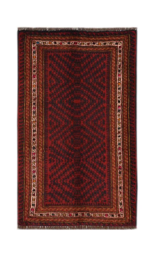 A rectangular handmade Afghan Baluch rug featuring a dark red and black geometric diamond pattern.