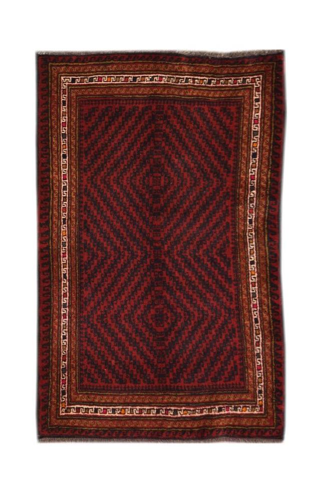 A handmade vintage Afghan Baluch rug featuring a dark red geometric diamond pattern.