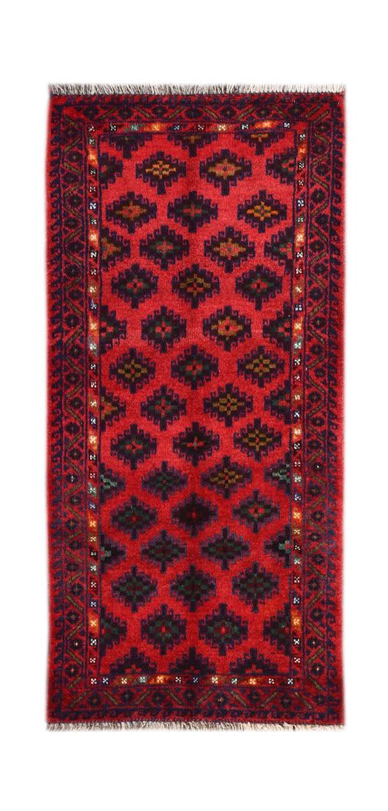 A vintage handmade Afghan Baluch rug featuring a repeating geometric pattern in red and dark blue.