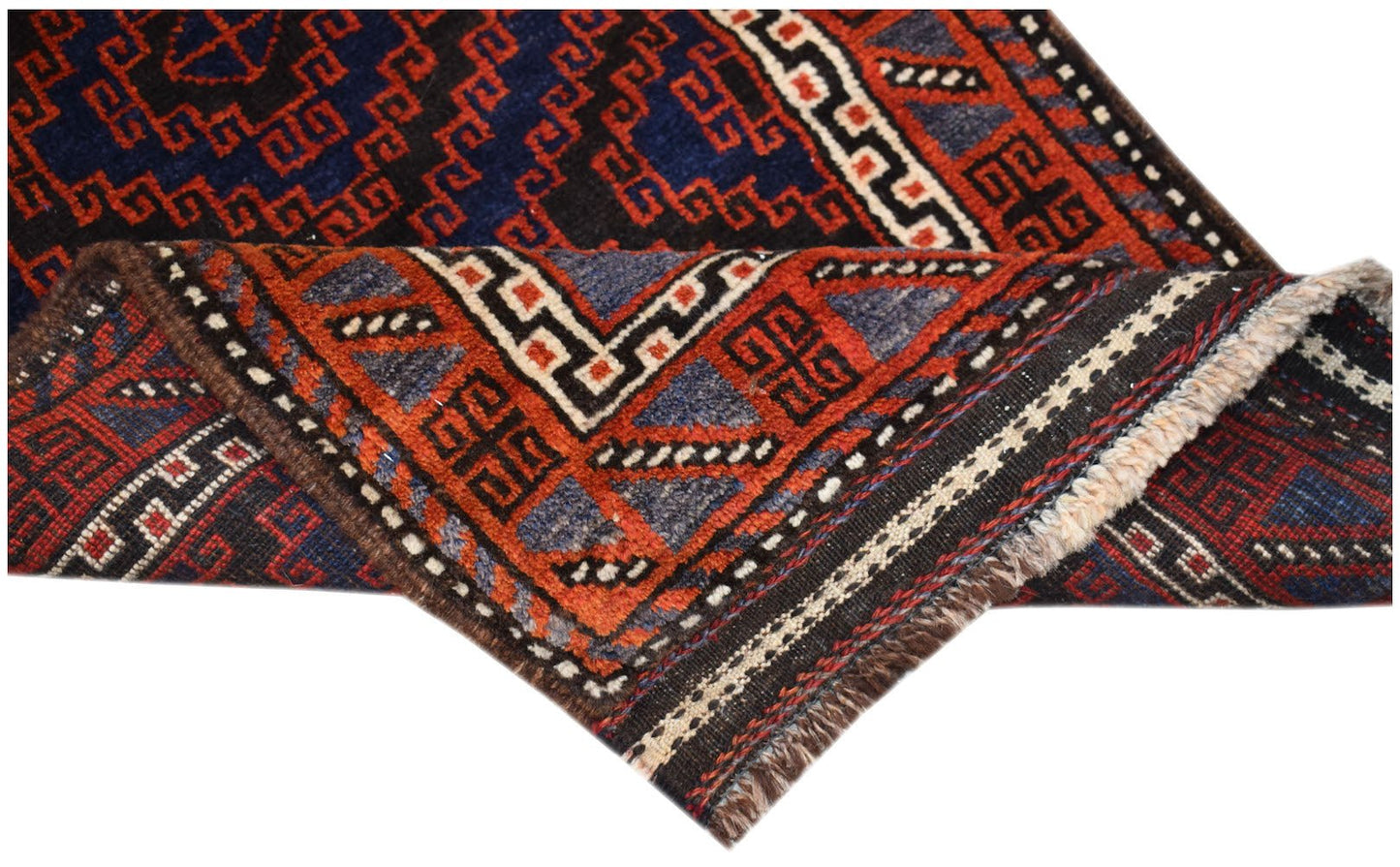 Vintage Afghan Baluch rug with geometric patterns in red, blue, and black.