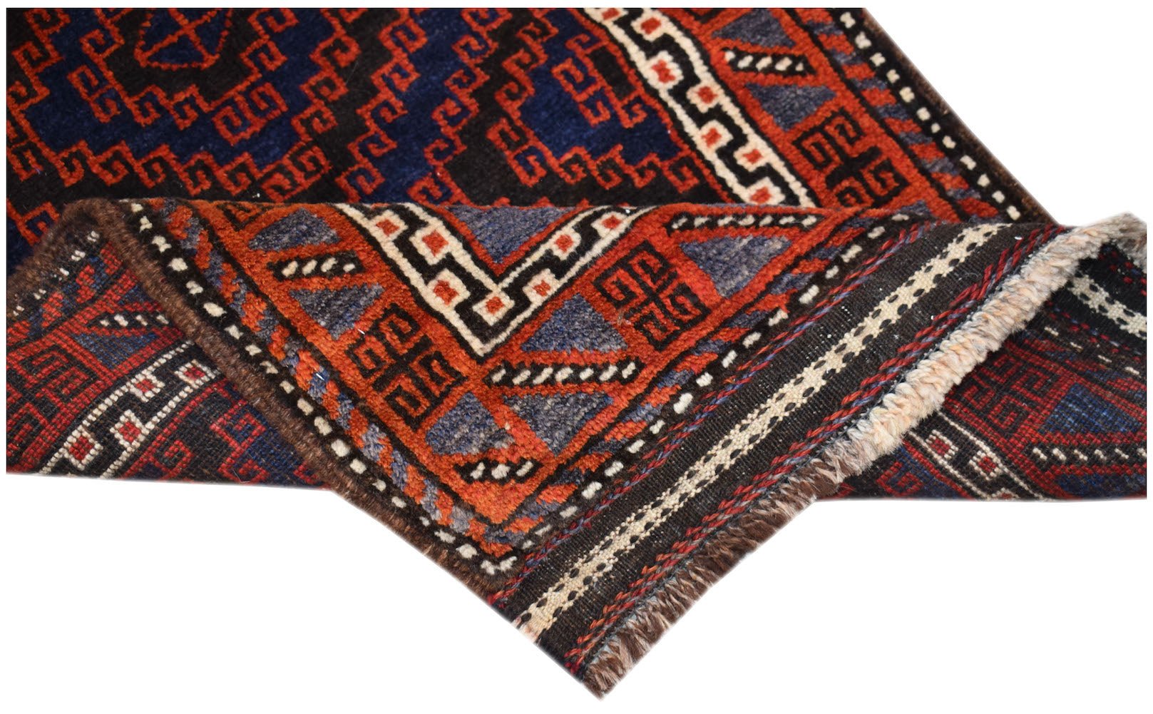 Vintage Afghan Baluch rug with geometric patterns in red, blue, and black.