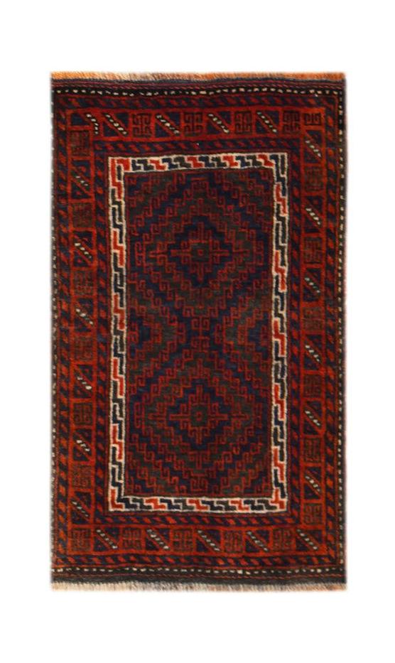 A handmade vintage Afghan Baluch rug featuring a geometric pattern in dark red, brown, and blue.