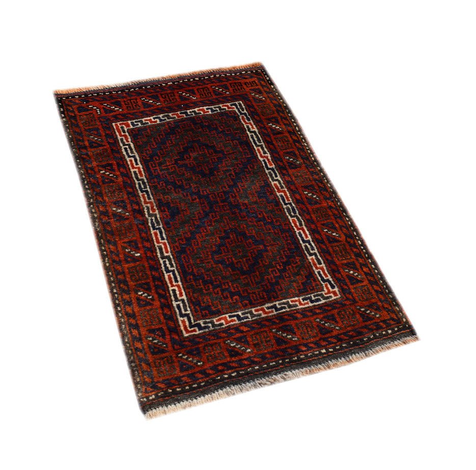 A handmade vintage Afghan Baluch rug featuring geometric patterns in dark red, blue, and brown.