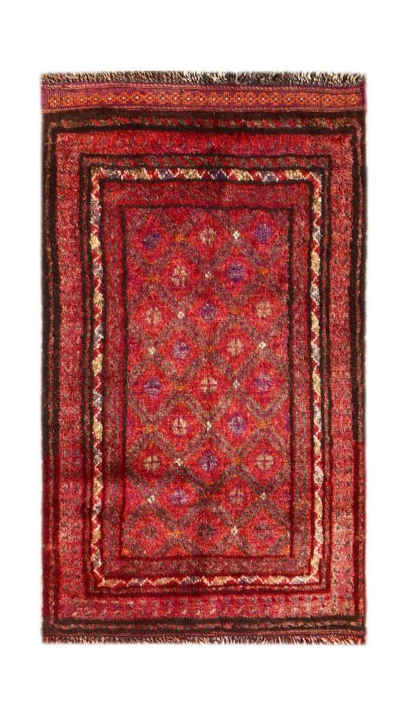 A vintage handmade Afghan Baluch rug featuring a red diamond pattern and dark geometric borders.