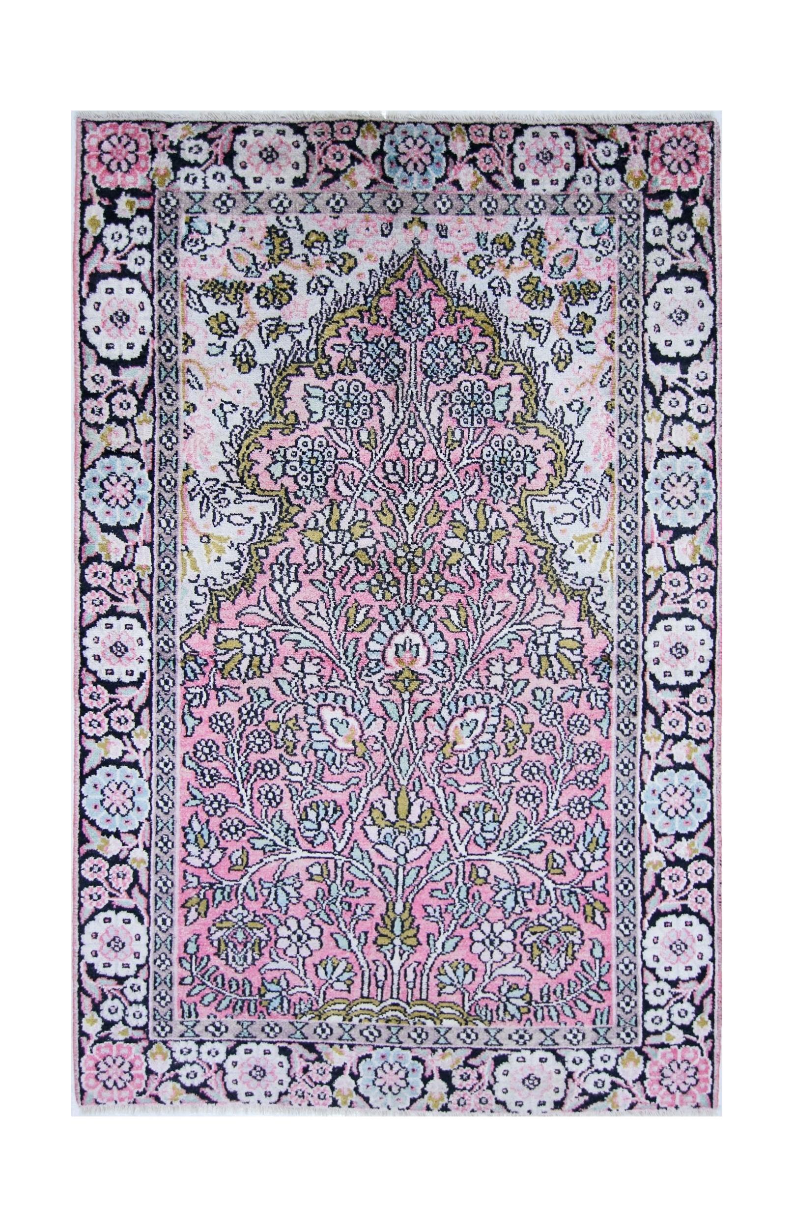 Handmade Mini Vintage Silk Kashmiri Rug | 108 x 70 cm | 3'7" x 2'3" - Najaf Rugs & Textile