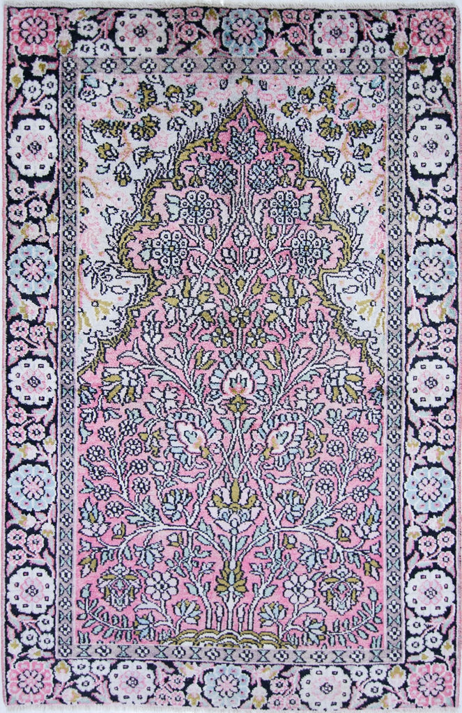 Handmade Mini Vintage Silk Kashmiri Rug | 108 x 70 cm | 3'7" x 2'3" - Najaf Rugs & Textile
