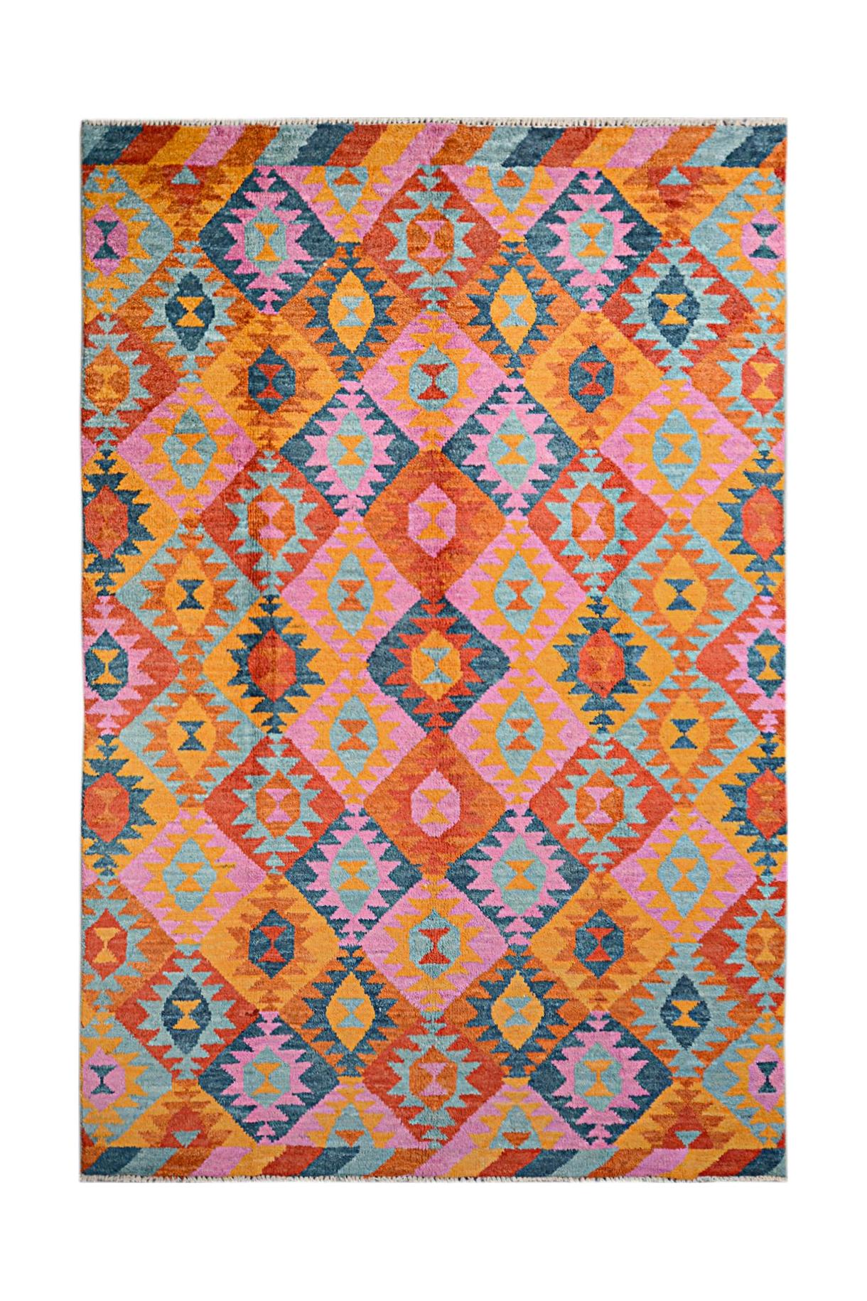 Handmade Afghan wool rug featuring a vibrant geometric diamond pattern in multi-colored tones.