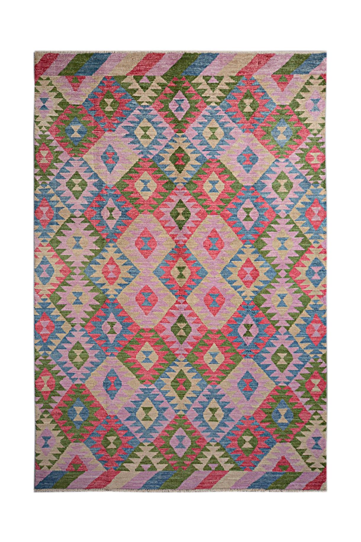 Handmade Afghan Pashm rug featuring a colorful geometric diamond pattern in wool.