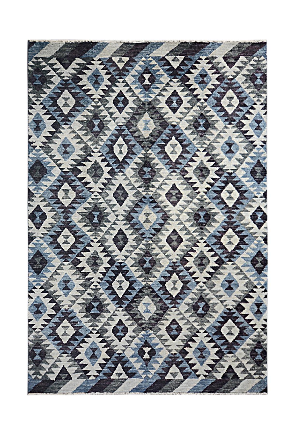 Handmade Afghan wool rug featuring a geometric diamond pattern in shades of blue, grey, and white.