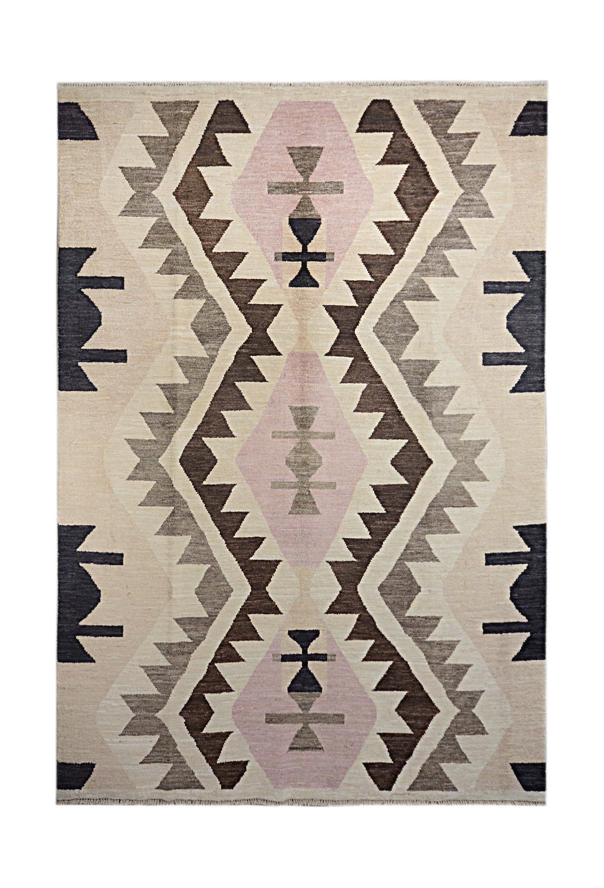 Handmade Afghan wool rug featuring a geometric kilim pattern in shades of pink, brown, and cream.