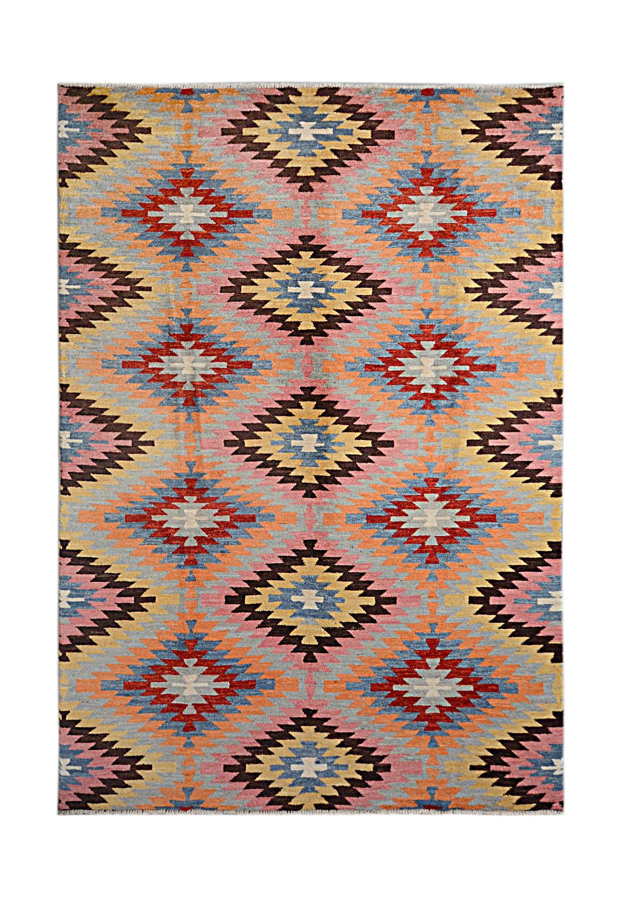 Handmade Afghan wool rug featuring a colorful geometric diamond pattern on a light grey background.