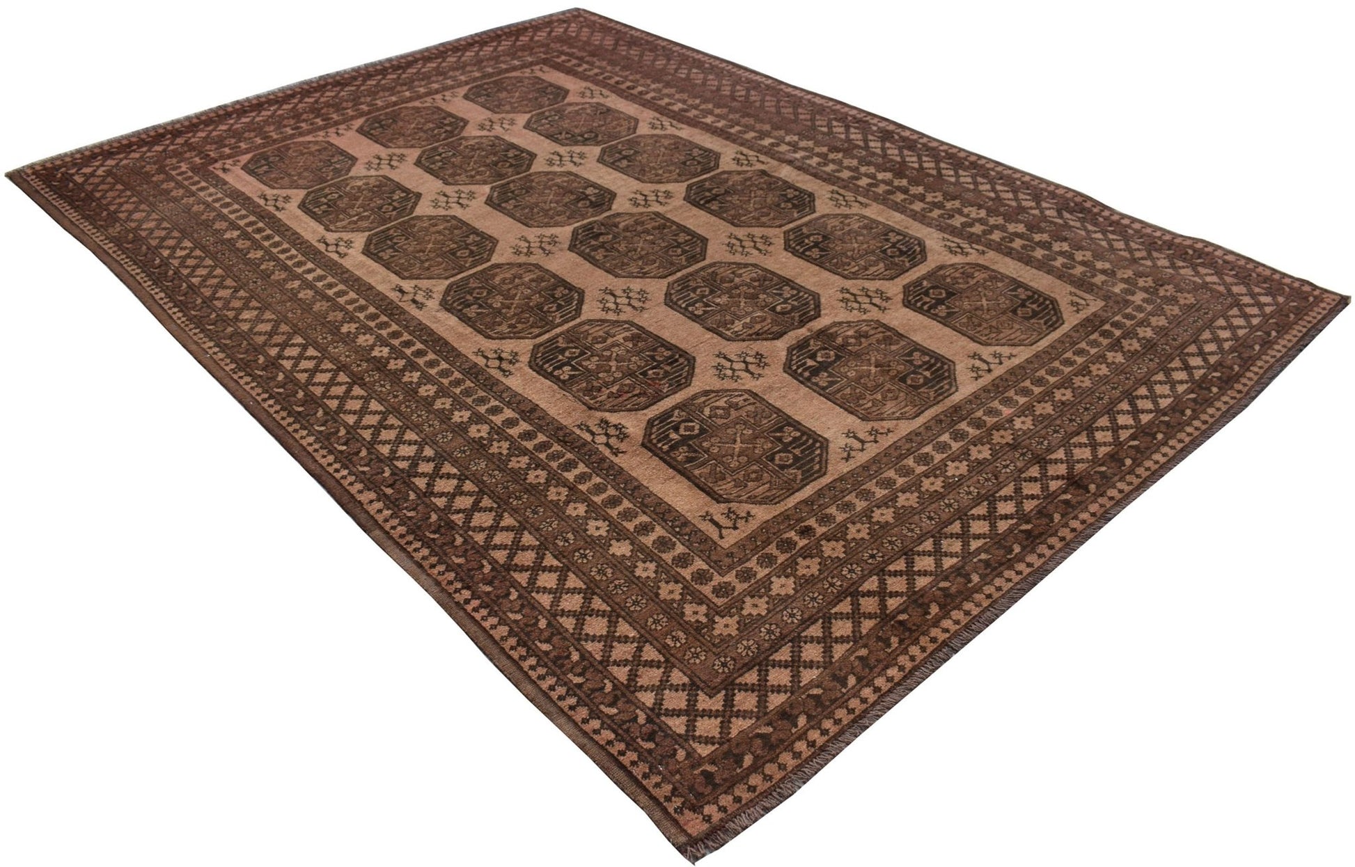 A vintage handmade Afghan Turkmen wool rug featuring a repeating octagonal pattern in brown tones.