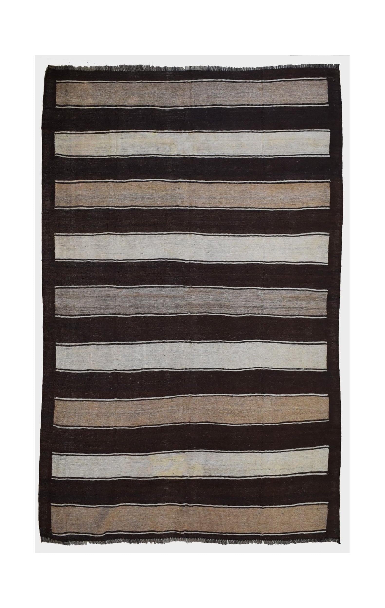 Handmade vintage Afghan Hazara kilim rug featuring horizontal stripes in brown and beige tones.