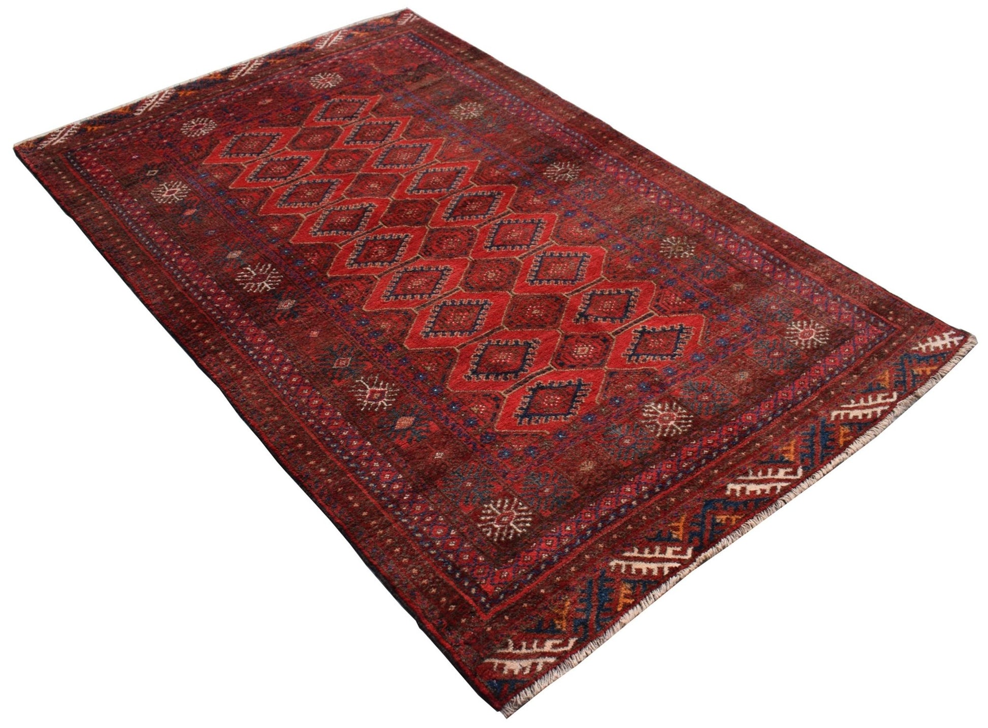 A vintage Afghan Baluch rug featuring a red field with repeating diamond patterns and tribal motifs.
