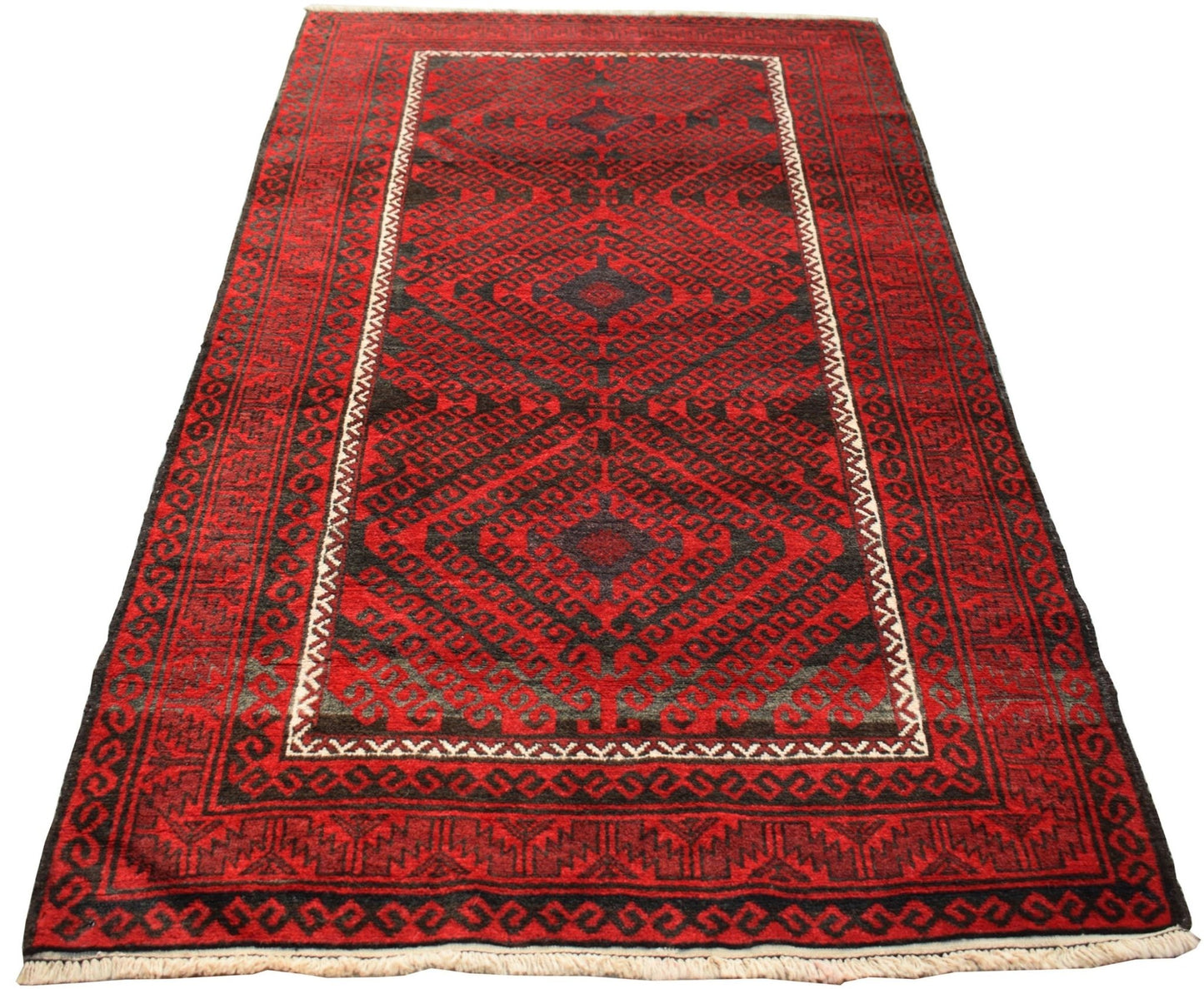 A vintage Afghan Baluch rug featuring a geometric diamond pattern in deep red and black wool.