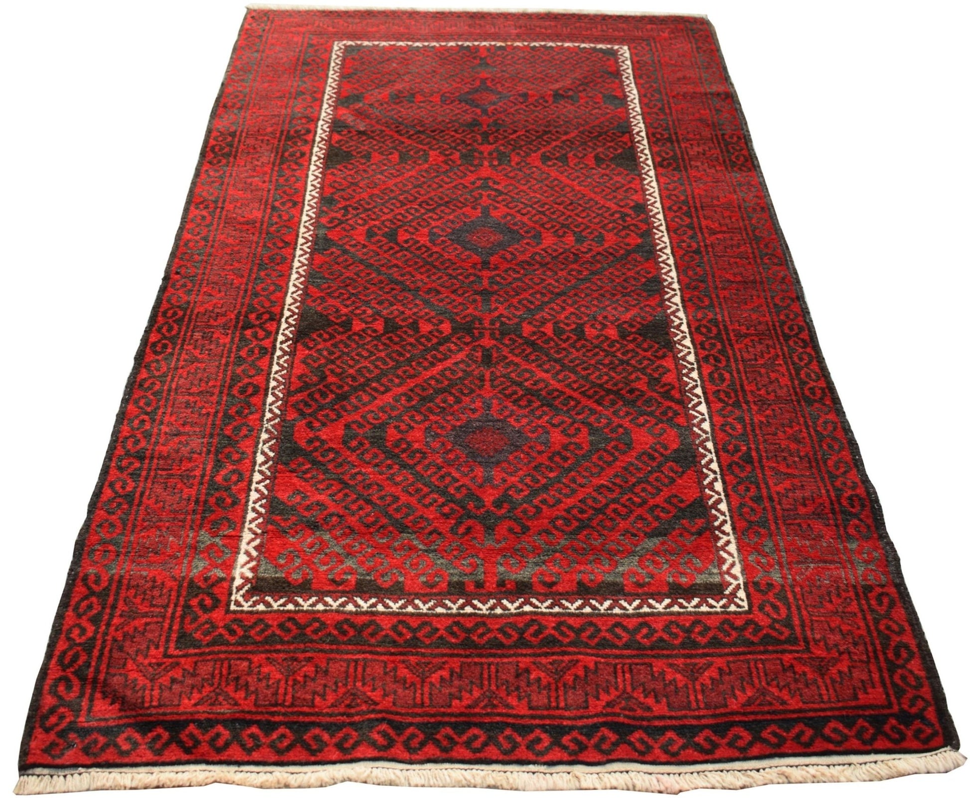 A vintage Afghan Baluch rug featuring a geometric diamond pattern in deep red and black wool.