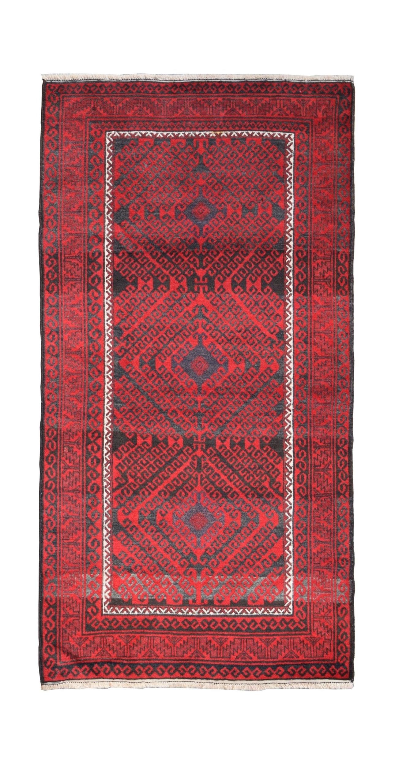 A vintage handmade Afghan Baluch rug featuring a geometric pattern in deep red and black tones.