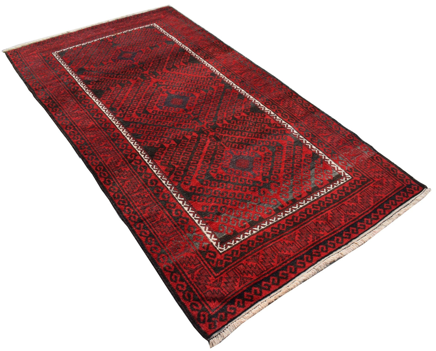 A vintage handmade Afghan Baluch rug featuring a geometric diamond pattern in red and black wool.