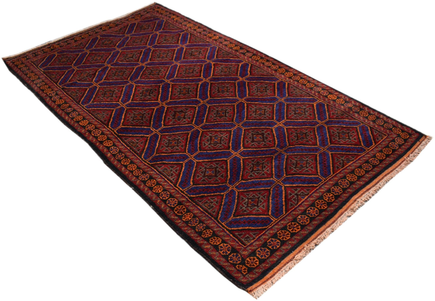 A vintage Afghan Baluch rug featuring a geometric diamond pattern in deep red and blue tones.