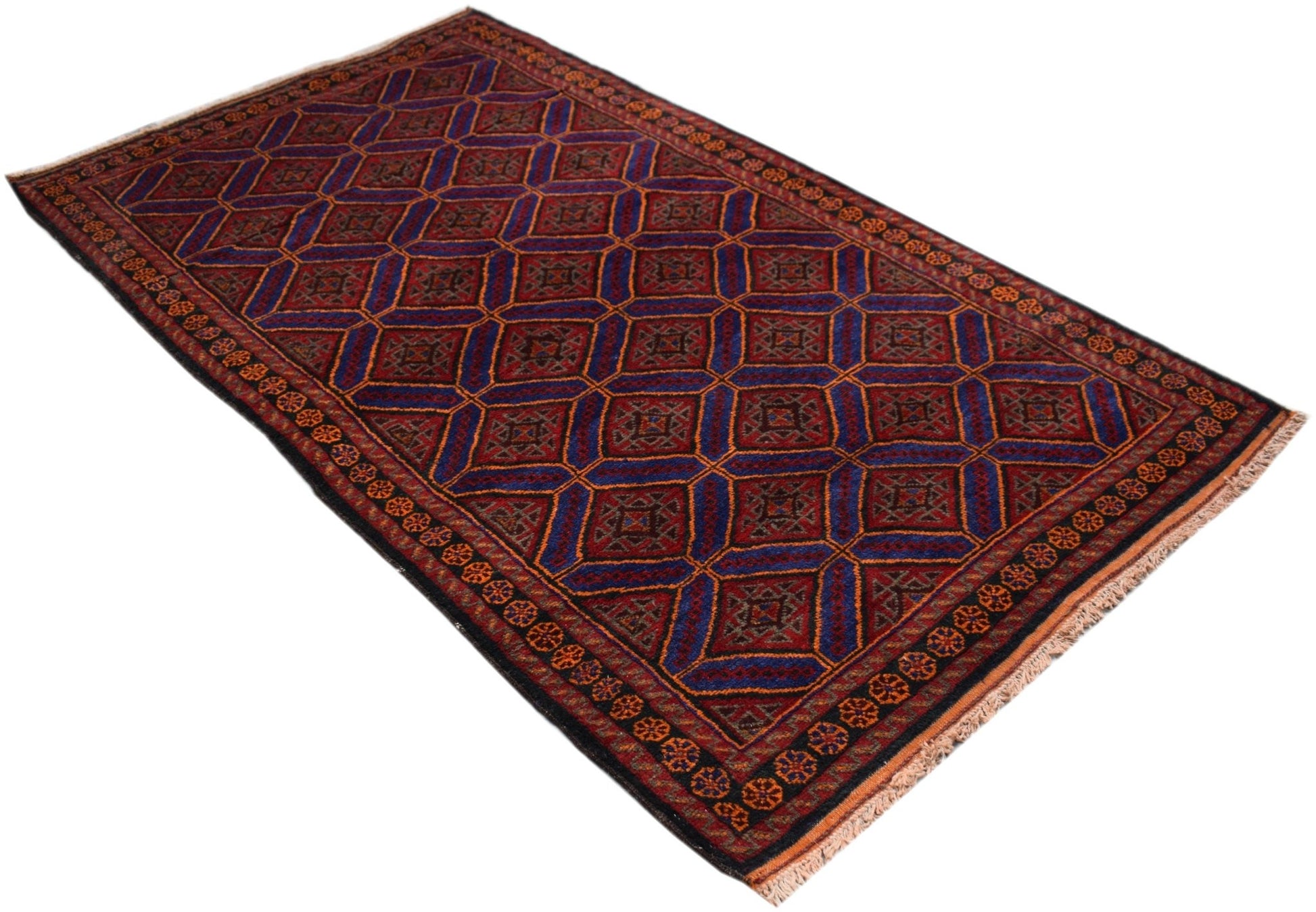 A vintage Afghan Baluch rug featuring a geometric diamond pattern in deep red and blue tones.