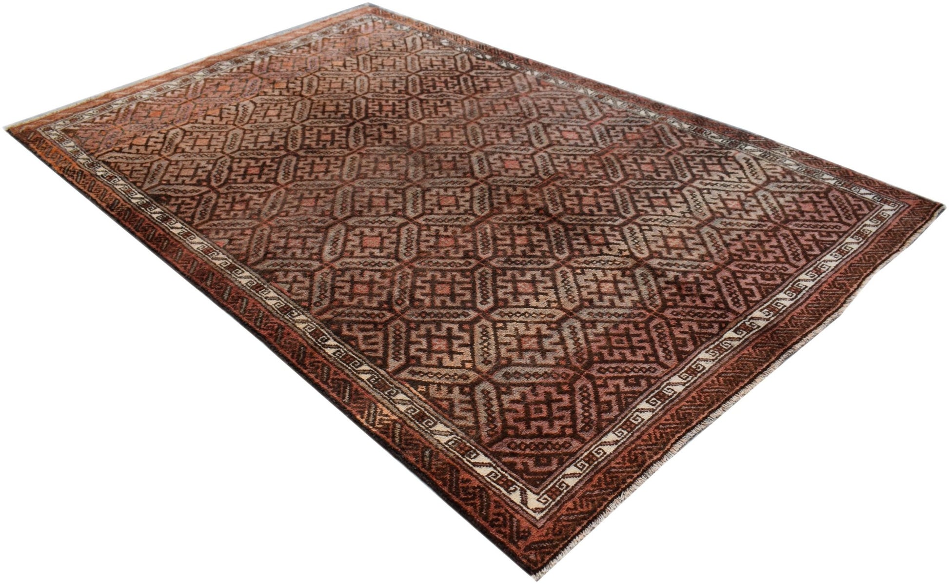 A vintage Afghan Baluch rug featuring a geometric pattern in shades of brown and rust.