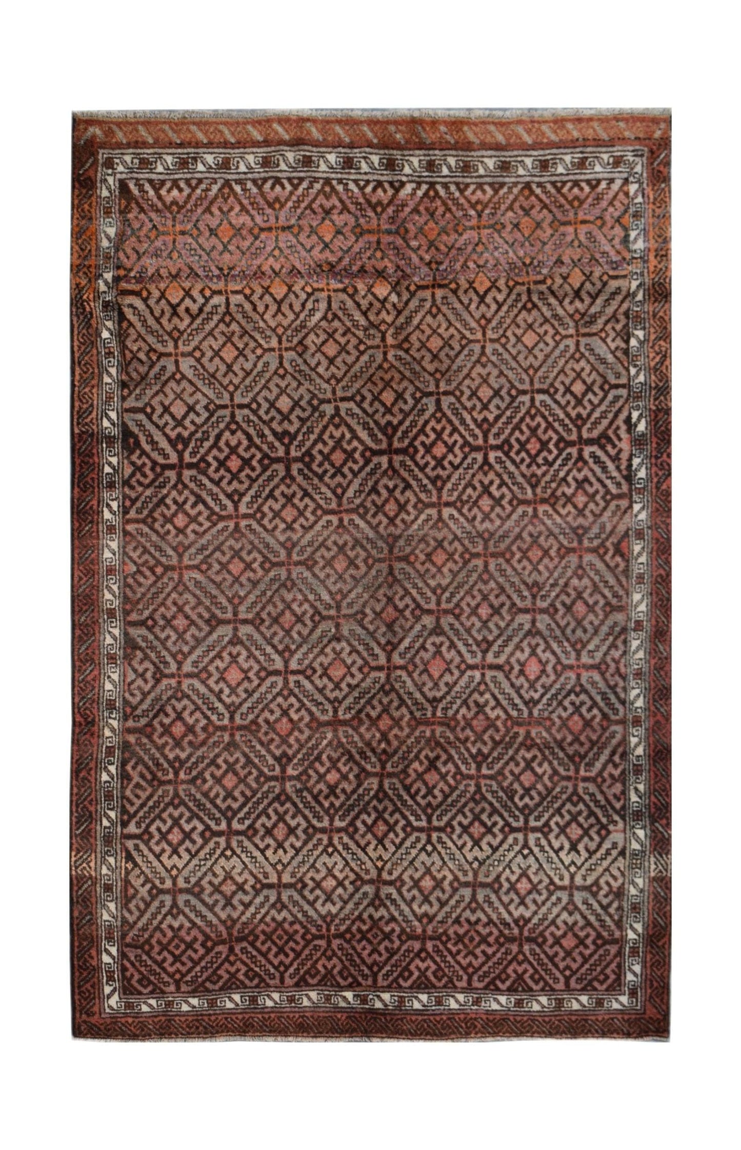 A vintage Afghan Baluch rug featuring a repeating geometric pattern in shades of brown and red.