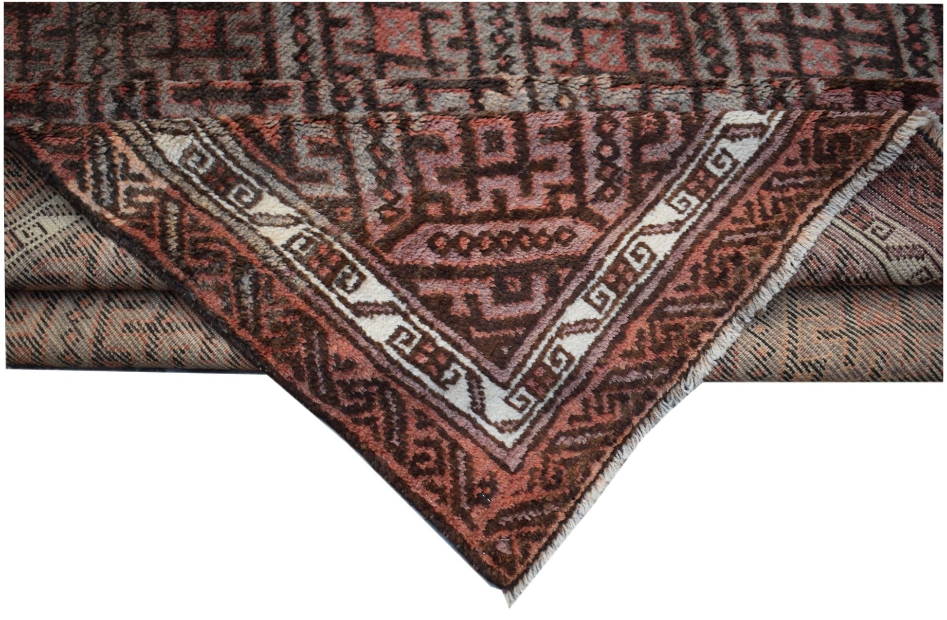 A vintage handmade Afghan Baluch wool rug featuring geometric patterns in brown and muted red.