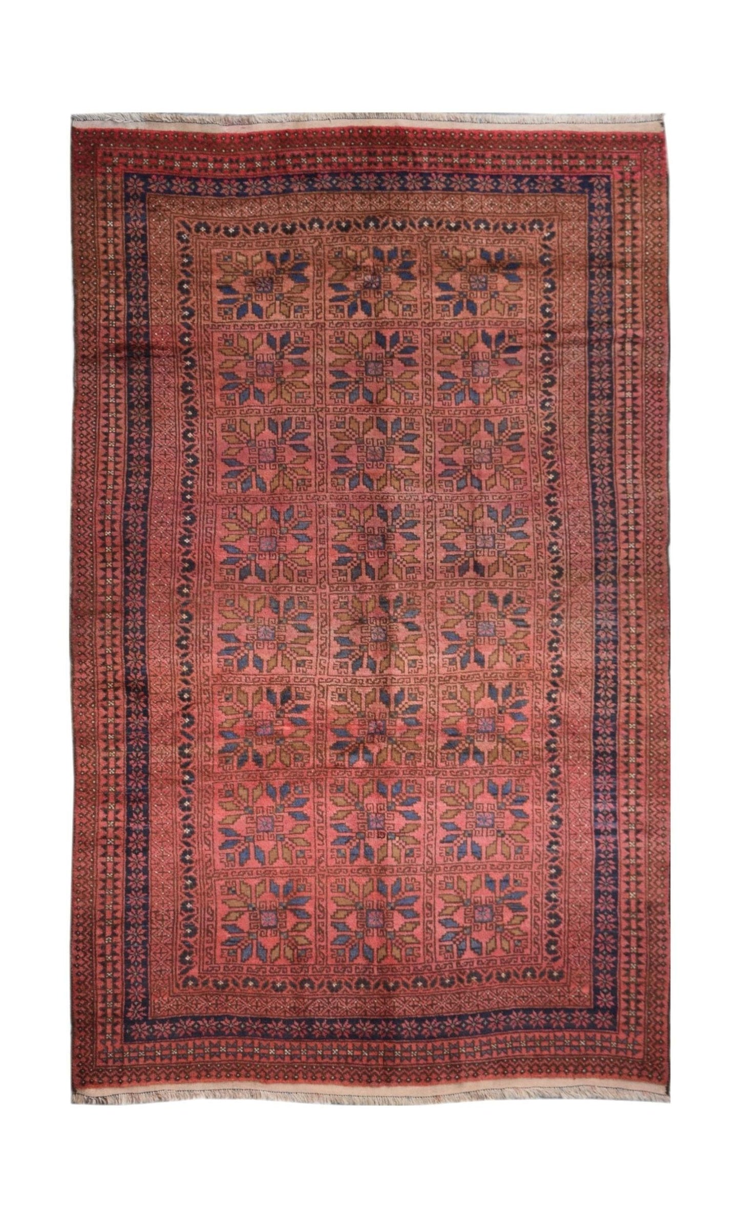 A vintage handmade Afghan Baluch rug featuring a repeating geometric floral pattern in red and blue.