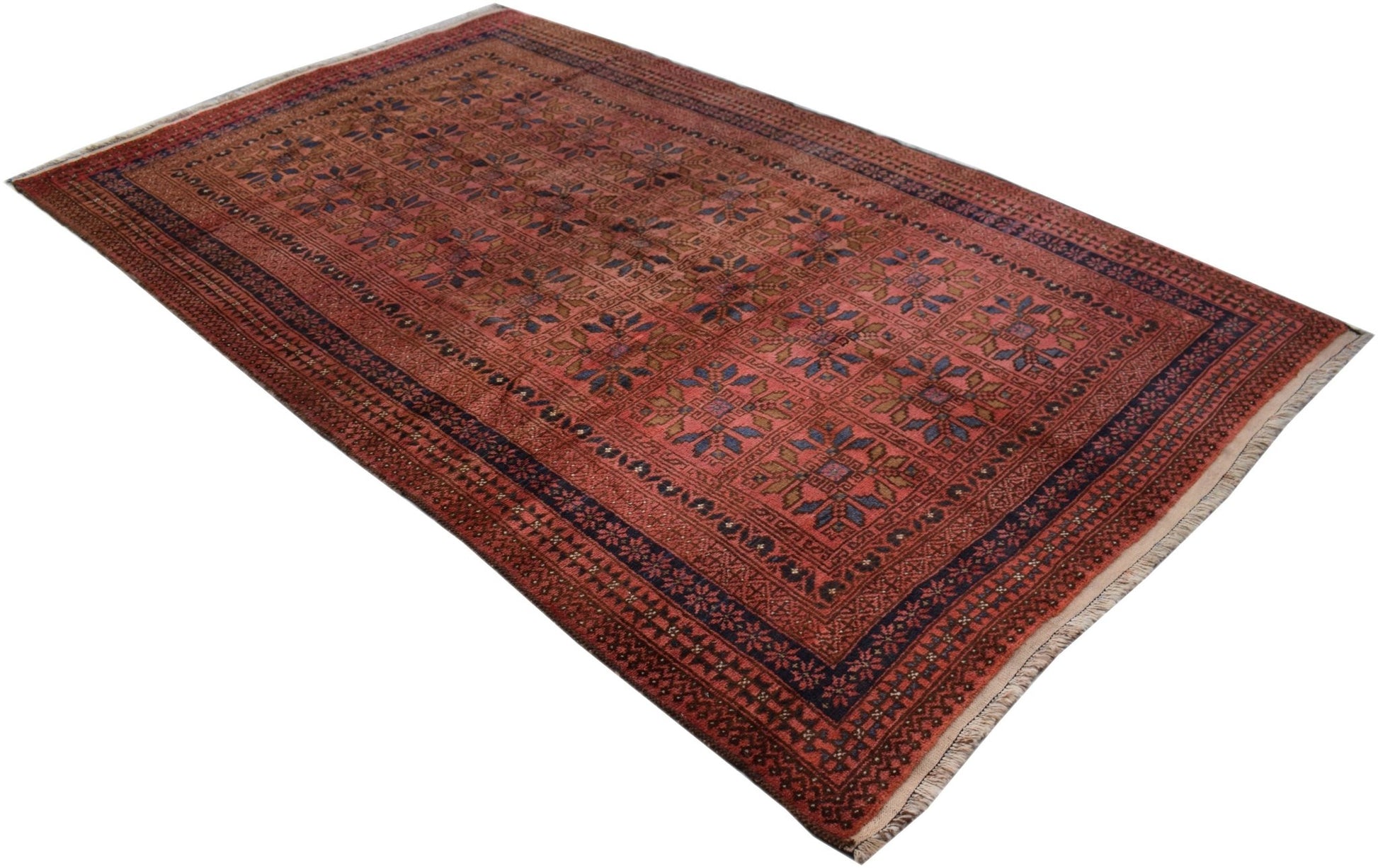 A vintage Afghan Baluch rug featuring a repeating geometric floral pattern in red and blue tones.