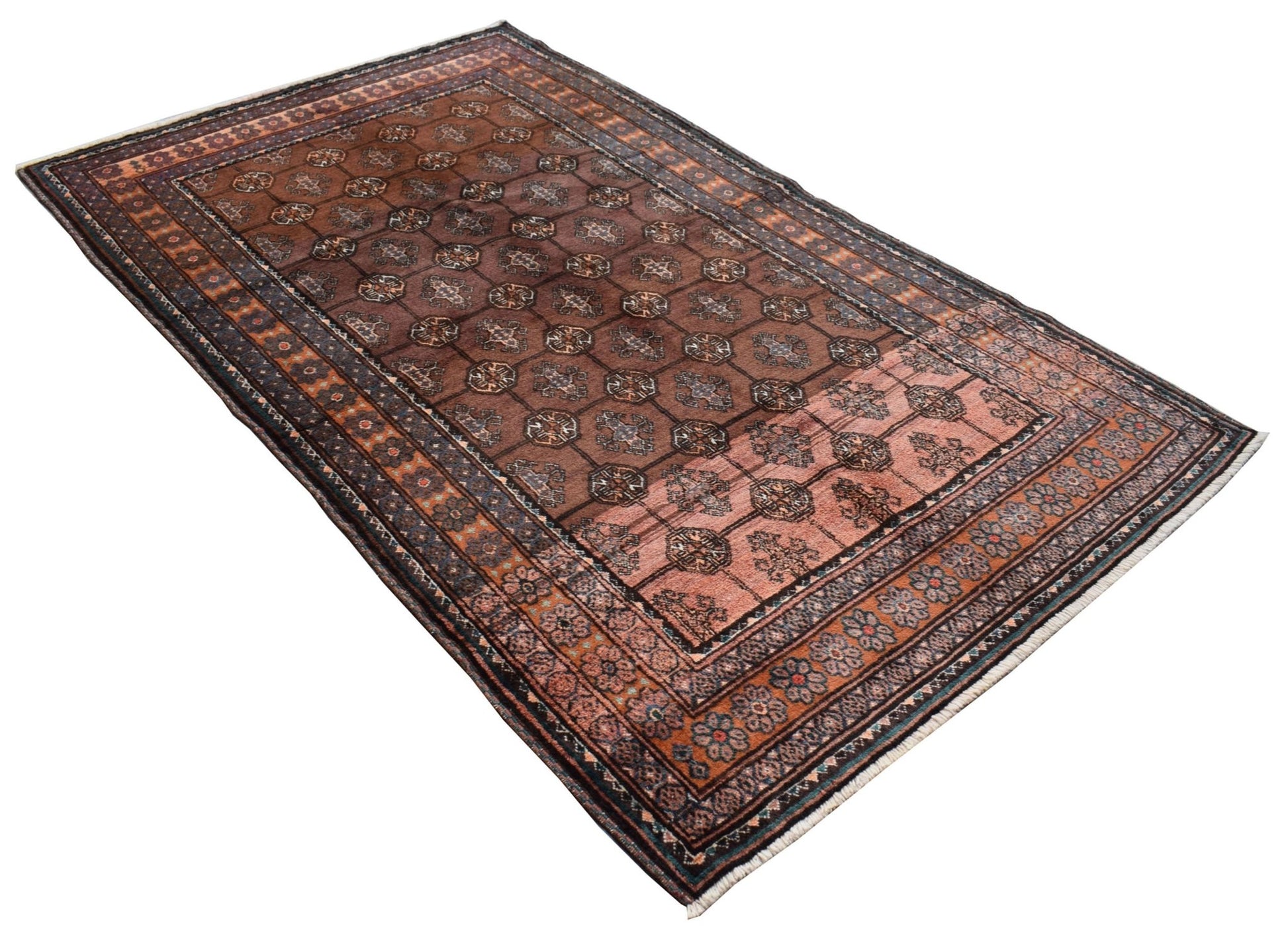 A vintage Afghan Baluch rug featuring a geometric grid pattern in shades of brown and faded red.